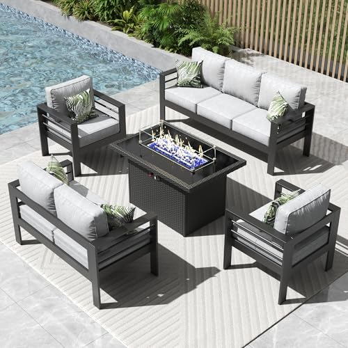 Vakollia 5 Pieces Modern Aluminum Patio Furniture Set with Fire Pit Table Black/Glass Top