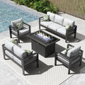 Vakollia 5 Pieces Modern Aluminum Patio Furniture Set with Fire Pit Table Black/Glass Top