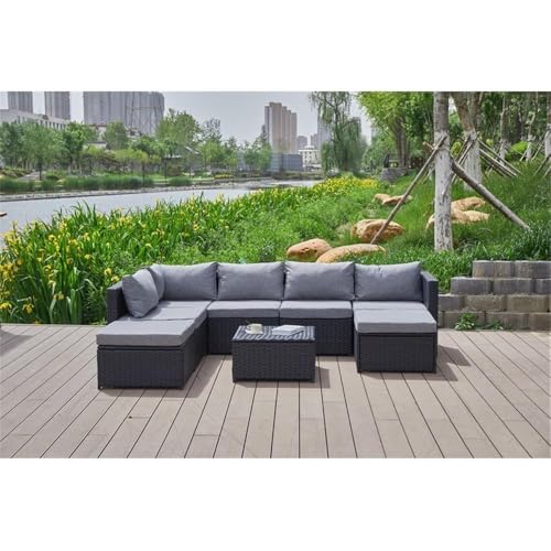 Pemberly Row Gray Wicker/Rattan Sectional with Storage Ottoman Grey