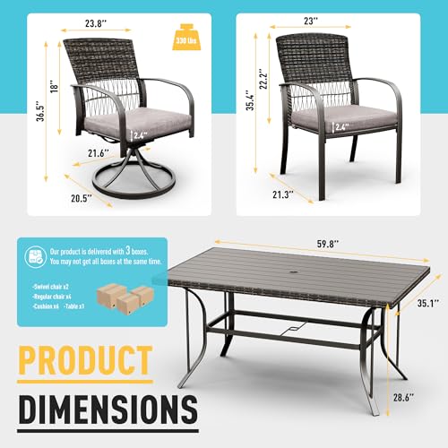 Pamapic 7 Piece Wicker Patio Dining Set for 6 with Removable Cushions Grey