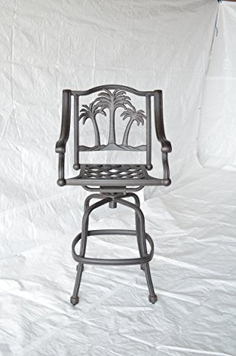 Patio Land Palm Tree Outdoor Patio Set 4 pc Swivel Bar Stools Dark Bronze Cast Aluminum Sunbrella Sesame