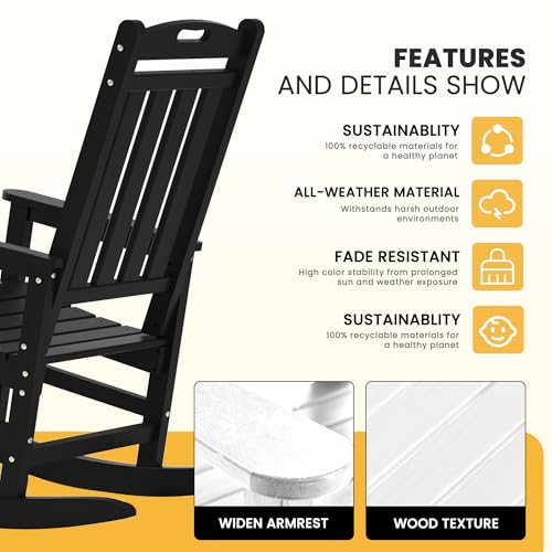 LOUNZY Outdoor Rocking Chair Set of 6 HDPE Patio Porch Rockers Black