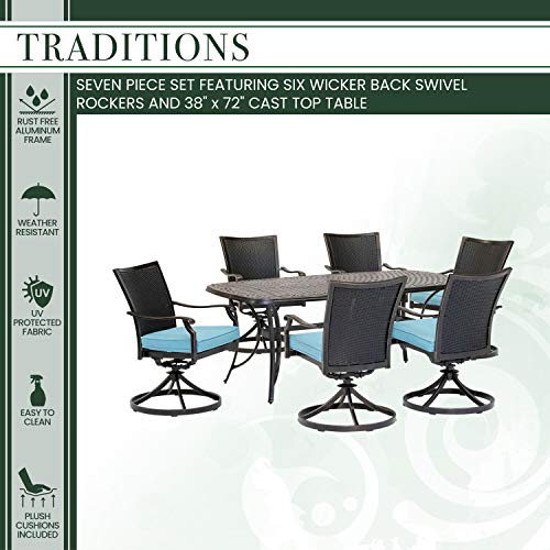Hanover Traditions 7-Piece Outdoor Dining Set with 6 Blue Cushioned Wicker Back Swivel Rocker Chairs and Cast Table