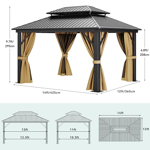 DWVO 12x14ft Hardtop Gazebo Double Roof with Nettings and Curtains Brown