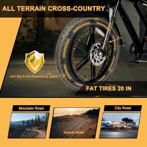 Besintu MOVCAN Electric Bike for Adults 1000W Motor (Peak 1500W), 48V/15.6AH, Up to 28MPH & 70 Miles, 20" Fat Tire Ebike, 7 Speed Gear Full Suspension Brown-2
