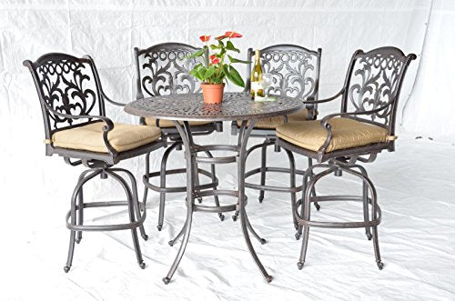 Patio Land Mandalay 5pc Outdoor Patio Bar Set 48" Dark Bronze Cast Aluminum Walnut