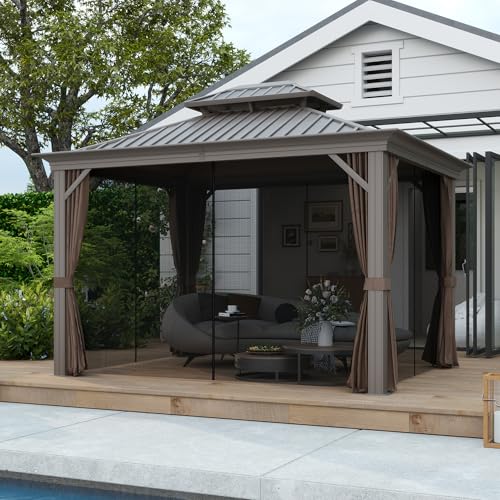 Outsunny 10' x 12' Hardtop Gazebo with Curtains and Netting Coffee