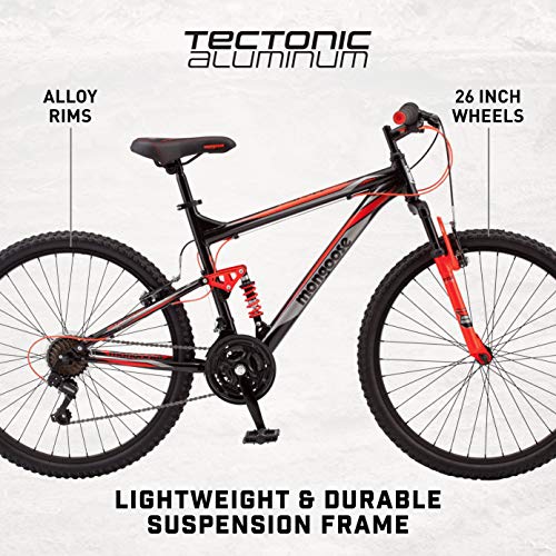 Mongoose Status 2.2 Mountain Bike 26-Inch Wheels 21-Speed Shifters Aluminum Frame Front Suspension Black/Red