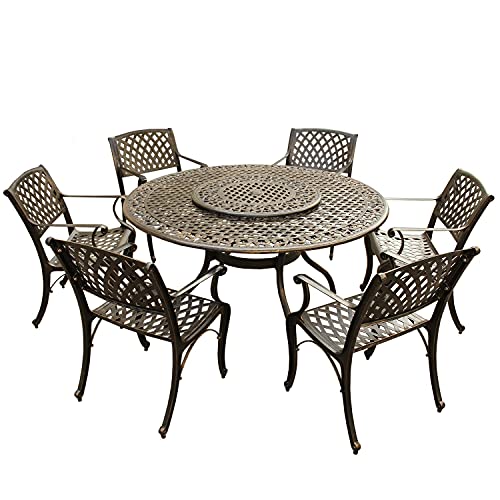 Oakland Living Modern Ornate Outdoor Mesh Aluminum 59-in Round Patio Dining Set with Lazy Susan and Six Chairs Black