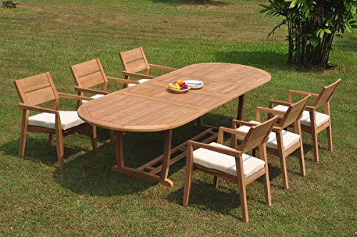 WholesaleTeak 7-Piece Grade-A Teak Wood Dining Set with Double Extension Oval Table and 6 Vellore Stacking Arm Chairs Teak