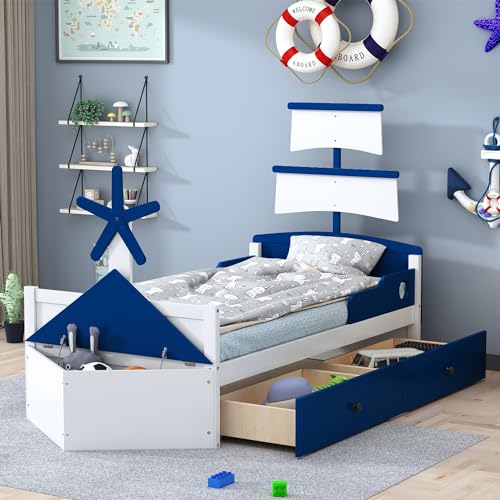 Bellemave Twin Size Boat-Shaped Kids Bed with Storage Drawers Blue