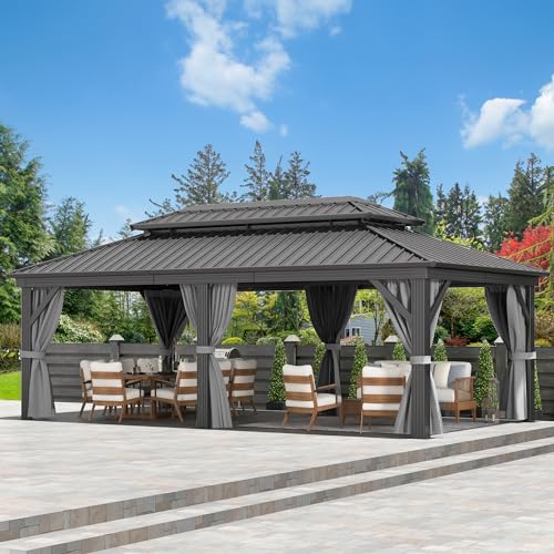 DWVO 12x20ft Hardtop Gazebo Double Roof with Nettings and Curtains Gray