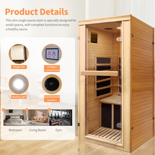 Daleyzay One Person Low EMF Infrared Wood Sauna with Oxygen Bar Natural