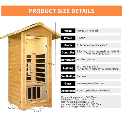 Zugoni 1 Person Outdoor Far Infrared Sauna Canadian Hemlock Wood Indoor Sauna 1400W with Speakers, LED Lamp, Clothing Hook, Cup Holder - Sauna Style