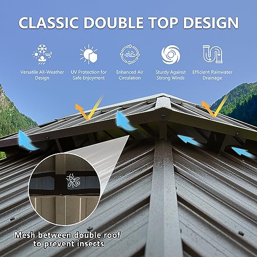 Domi Outdoor Living 12’ x 16’ Hardtop Gazebo Aluminum Wood Grain with Double Canopy Wood-Looking