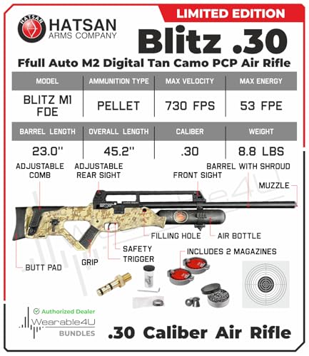 Wearable4U Hatsan Blitz Limited Edition PCP Air Rifle Bundle .30 Cal Digital Tan Camo with Pellets & Targets