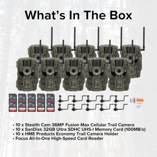 Stealth Cam 36MP Fusion Max Cellular Trail Camera Bundle with Camera Holder, 32GB Memory Card, and Card Reader 10-Pack