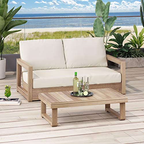 Christopher Knight Home Randy Outdoor Acacia Wood Loveseat Set with Coffee Table Brown and Beige