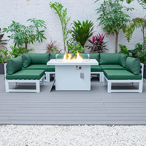 LeisureMod Chelsea 7-Piece Outdoor Patio Conversation Set with Fire Pit Table and Cushions Green