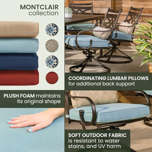 Hanover Montclair 7-Piece Outdoor Dining Set with 6 Swivel Rockers and Blue Cushions