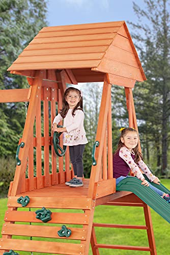 CREATIVE CEDAR DESIGNS Cedar Chalet Wooden Backyard Playset with Swings & Slide