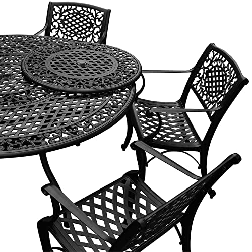 Oakland Living Modern Ornate Outdoor Aluminum 59-in Round Patio Dining Set with Lazy Susan and Six Chairs Black