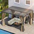 YITAHOME 10x13ft Louvered Aluminum Pergola with Adjustable Roof and Netting Brown