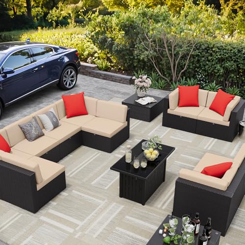 Greesum 13-Piece Patio Furniture Set with PE Rattan Sectional Sofa and 43in Gas Fire Pit Table Beige