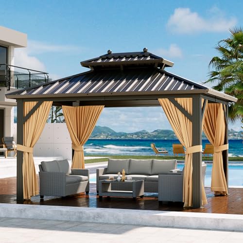GAOMON Hardtop Gazebo 10x13ft with Nettings and Curtains, Heavy Duty Double Roof for Patio, Backyard, Deck, Lawn Brown