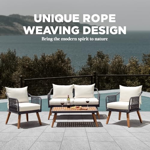 IDZO Serene Outdoor Conversation Set 4 Pieces FSC Certified Acacia Wood with Soft Cushions Cream Opal
