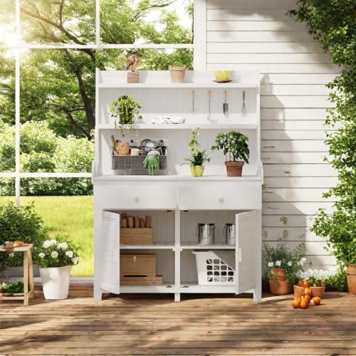 ChicFurnit Fir Wood Garden Potting Bench Table 65-inch Workstation with Storage Shelf Drawer Cabinet White