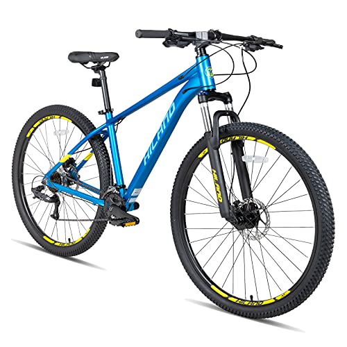 HH HILAND Hiland 29 inch Mens Mountain Bike, 17/19 inch Frame, Hydraulic Disc-Brake, Lock-Out Suspension Fork, 16 Speeds Trail Bike Light Blue