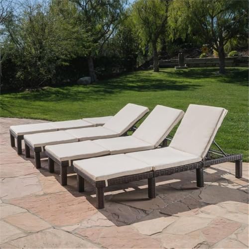 Noble House Jamaica Multi-Brown Wicker Chaise Lounge with Cream Cushion (Set of 4)