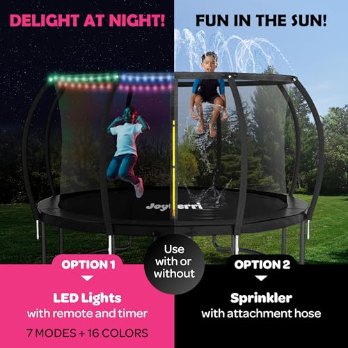 JOYBERRI Trampoline with Net Black - 8Ft to 14Ft, Bonus Sprinkler & LED Lights, ASTM Certified