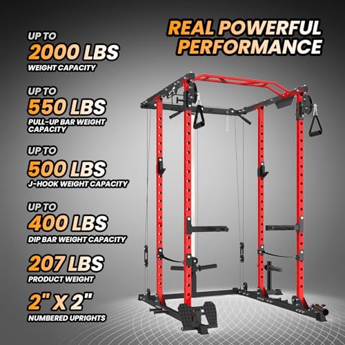 Flarhetoric Power Cage 2000 Lbs Home Gym Squat Rack with Cable Cross-Over & LAT Pull Down Black and Red