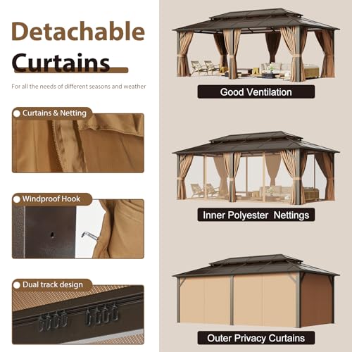 oneinmil 12'x20' Hardtop Gazebo with Netting and Curtains, Aluminum Frame, Heavy Duty Canopy for Patio, Backyard, Lawn Brown