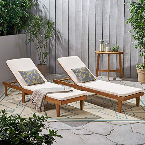Christopher Knight Home Madge Outdoor Chaise Lounge with Cushion Set of 2 Teak Finish Cream