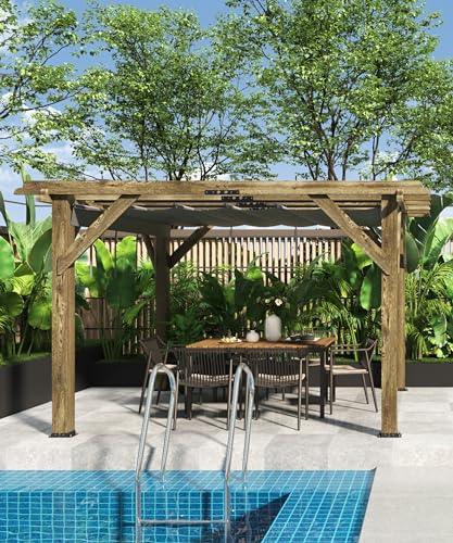 Perbyste 10' x 12' Outdoor Wood Pergola with Retractable Shade Canopy Charcoal Gray