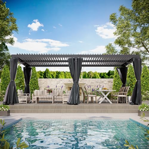 LATTOY Louvered Pergola 10x12 Aluminum with Adjustable Roof and Waterproof Curtains Black 10x20 FT