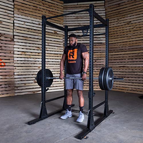 Rugged Strength & Fitness Power Rack with Lat Attachment & Heavy Duty Flat-Incline Bench Black
