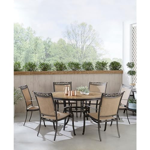 Hanover Fontana 7-Piece Outdoor Patio Dining Set with 6 Sling Chairs and Round Table Tan/Bronze