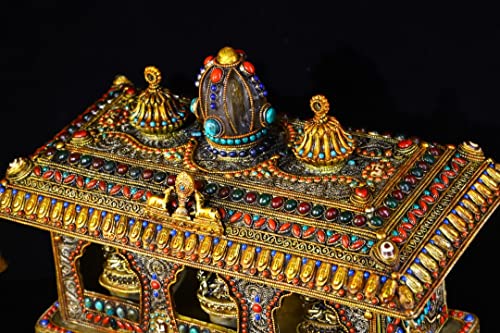 Generic 14" Tibetan Temple Collection Silver Gilt Gem Dzi Beads Wind Chimes Buddha Statue Four-Armed Guanyin Exorcism 1