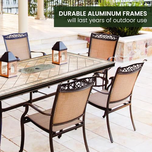 Hanover Fontana 7-Piece Patio Dining Set Rust Resistant Aluminum Outdoor Dining Set for 6 with Swivel Rockers and Tile-Top Table Tan