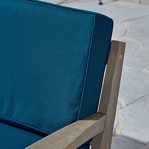Great Deal Furniture Acacia Wood Loveseat and Coffee Table Set for Patio Gray Finish with Teal Cushions