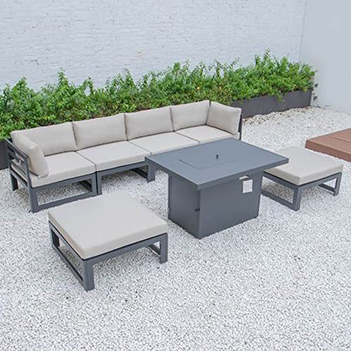 LeisureMod Chelsea Outdoor Patio 7-Piece Conversation Set with Fire Pit Table Beige