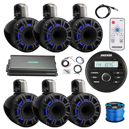 KICKER Marine USB Bluetooth AM/FM Receiver with 6-Channel Amplifier & 6x 6.5" 300W Multicolor LED Speakers Black