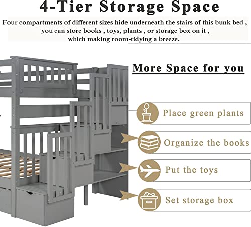 Harper & Bright Designs Full Over Full Bunk Beds with Stairs and Storage Drawers Grey