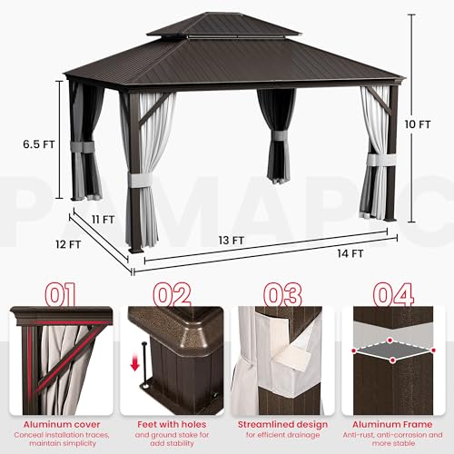 Pamapic 12'x14' Hardtop Gazebo with Double Roof, Netting & Curtains, Brown