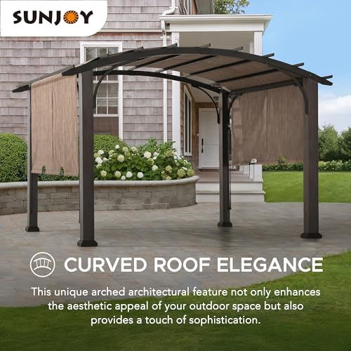 Sunjoy 10’ x 12’ Outdoor Steel Arched Pergola with Adjustable Canopy Tan