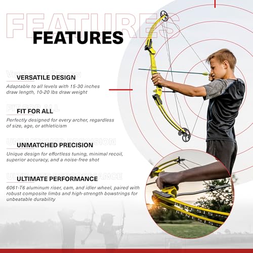 GENESIS Archery Compound Bow Kit Left-Handed Adjustable Draw Length 15"-30" & Weight 10-20 lbs Yellow (3 Pack)